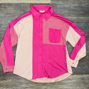 NWT New In Faux Suede Pink Button-Up Shirt Top Blouse size large L B127